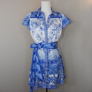 Alice + Olivia Cotton Collared Floral Short Sleeve Mini Dress blue